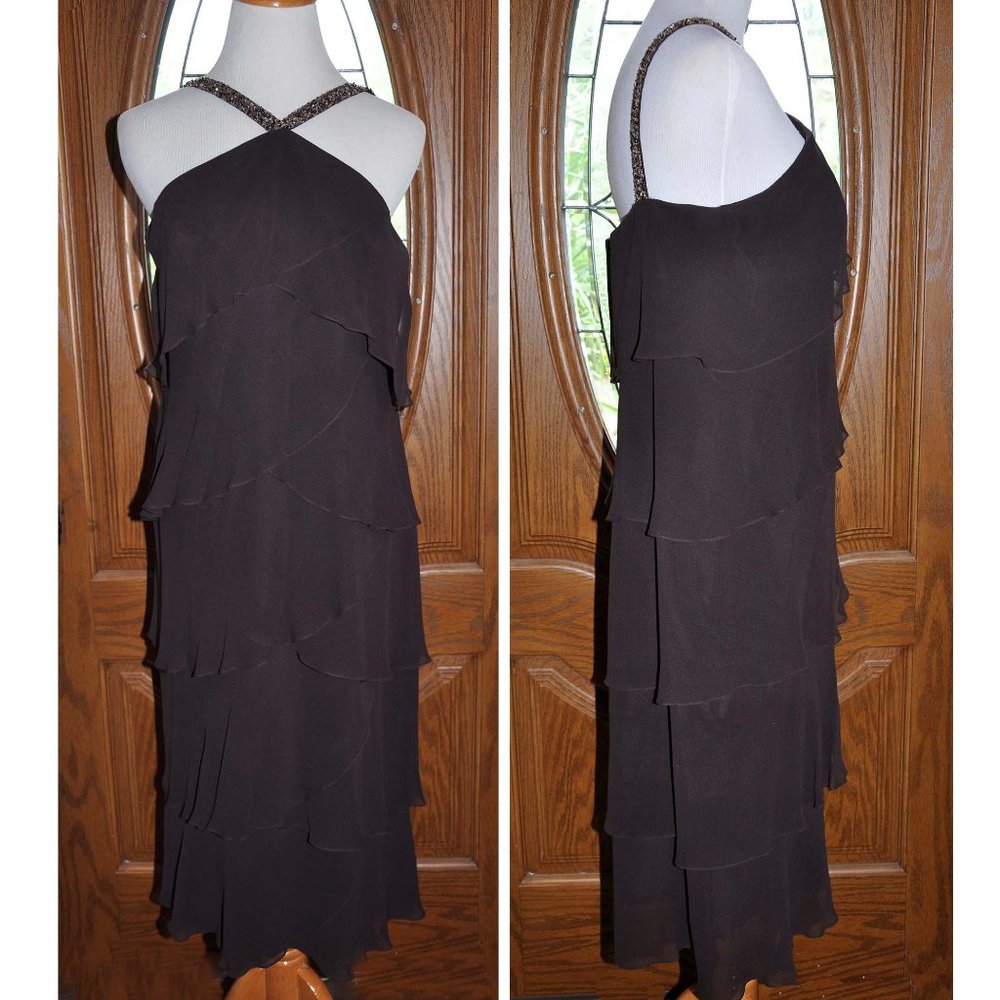 Daymor Couture Expresso Brown Silk Tiered Beaded Chiffon Gatsby Flapper Dress